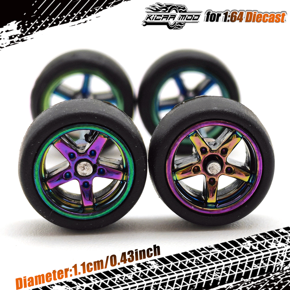 Ruedas de coche modelo 1/64, Color camaleón con neumáticos de goma, coche de juguete de carreras, piezas de modificación de rueda de fuego, 1 Juego: Blanco