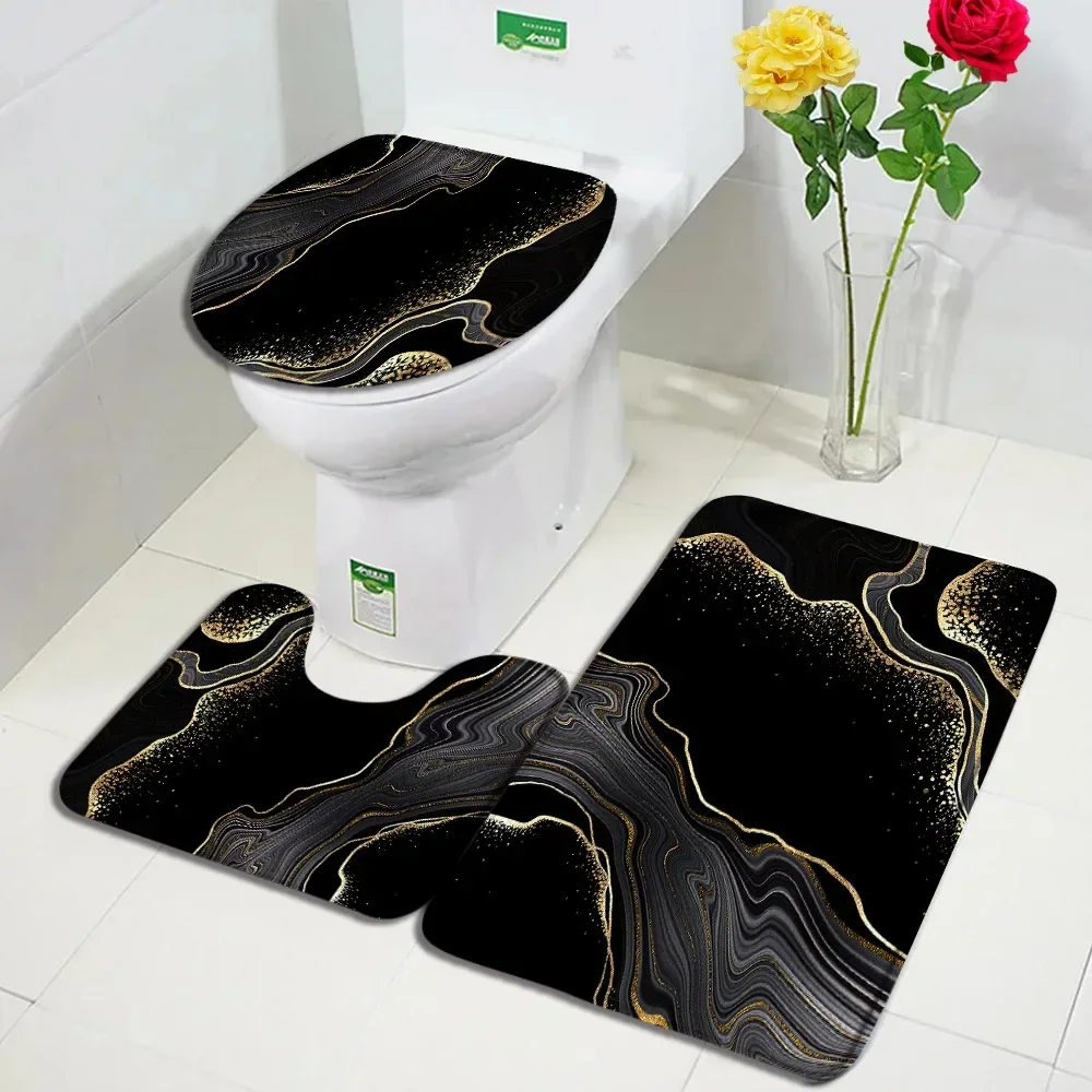 Abstract Black White Marble Bath Mat Set Geometric Texture Modern Carpet Home Bathroom Decor Non-slip Rugs Toilet Cover
