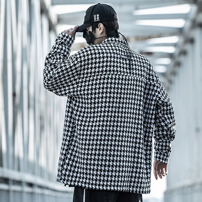Houndstooth Frayed Tweed Jacket Coat Men Black Plaid Shirts Vintage Loose Long Sleeve Pockets Male Outerwear Chic Casual Tops