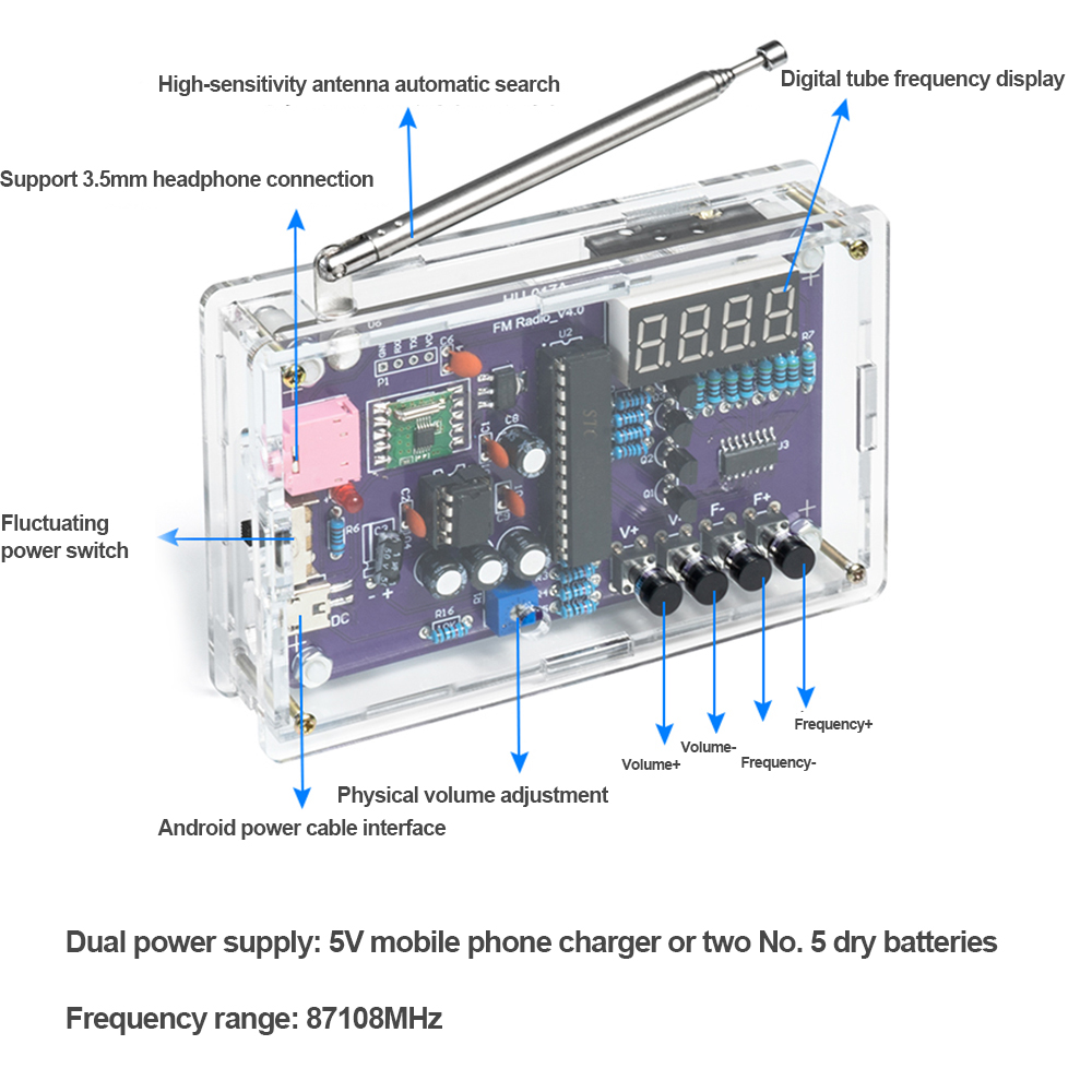 Zestaw HU-017A RDA5807S Zestaw do nauki części elektronicznych FM do samodzielnego wykonania 87-108MHz z/bez zestawu obudowy do części składowej elektronicznej