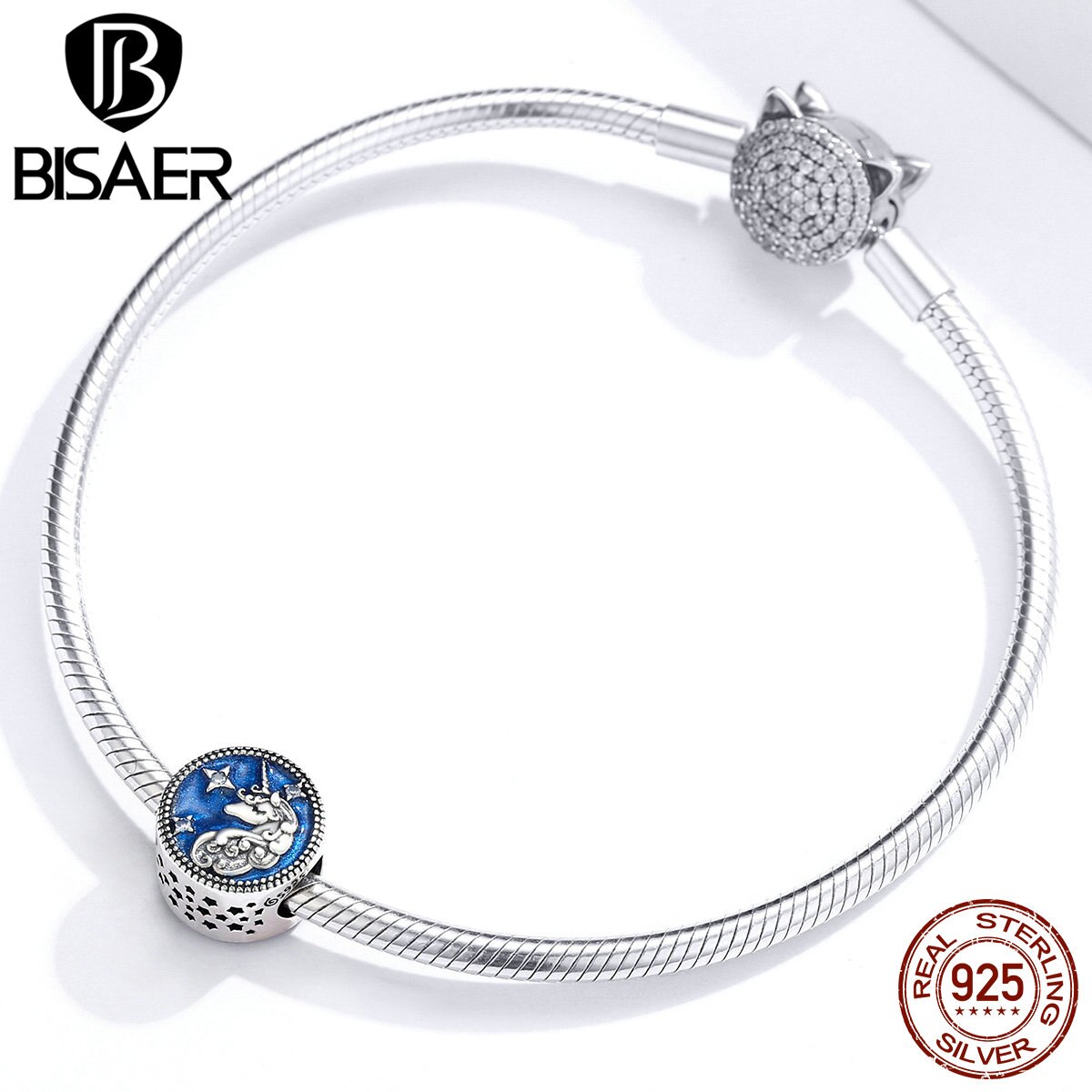 Unicorn Charms BISAER 925 Sterling Silver Blue Enamel Licorne Pave Beads Charms fit Original 925 Jewelry Making EFC230