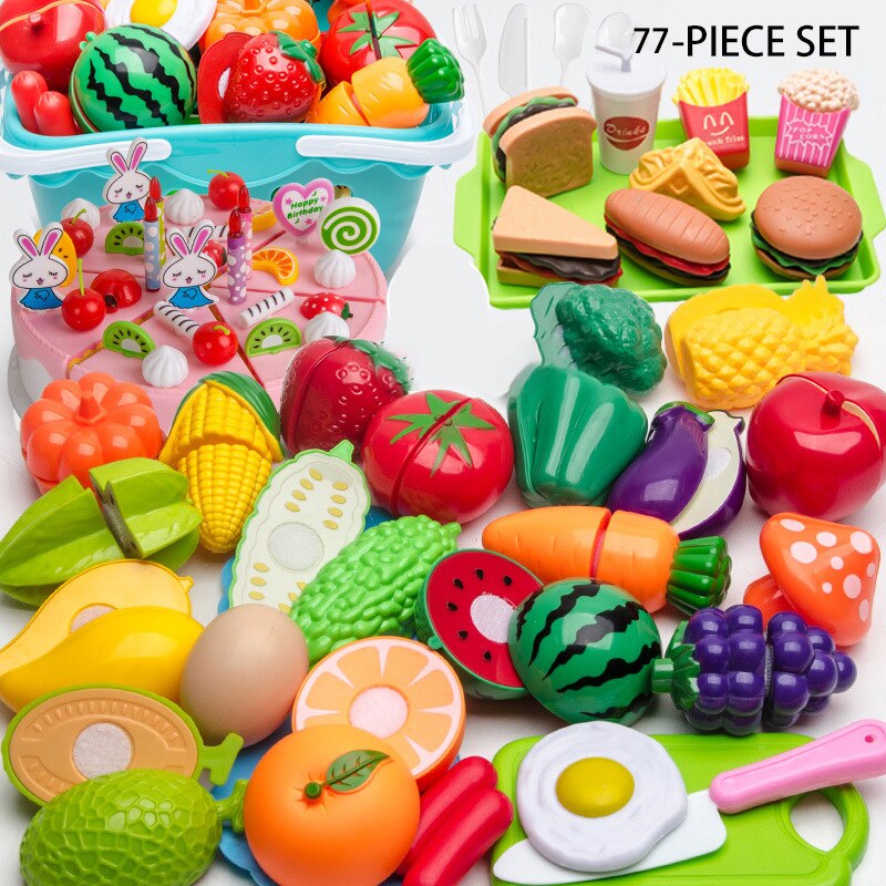 Kit de cocina de plástico para niños, juego de simulación de frutas y verduras, juguete educativo para cortar, de cumpleaños, 150 piezas: 77-piece set
