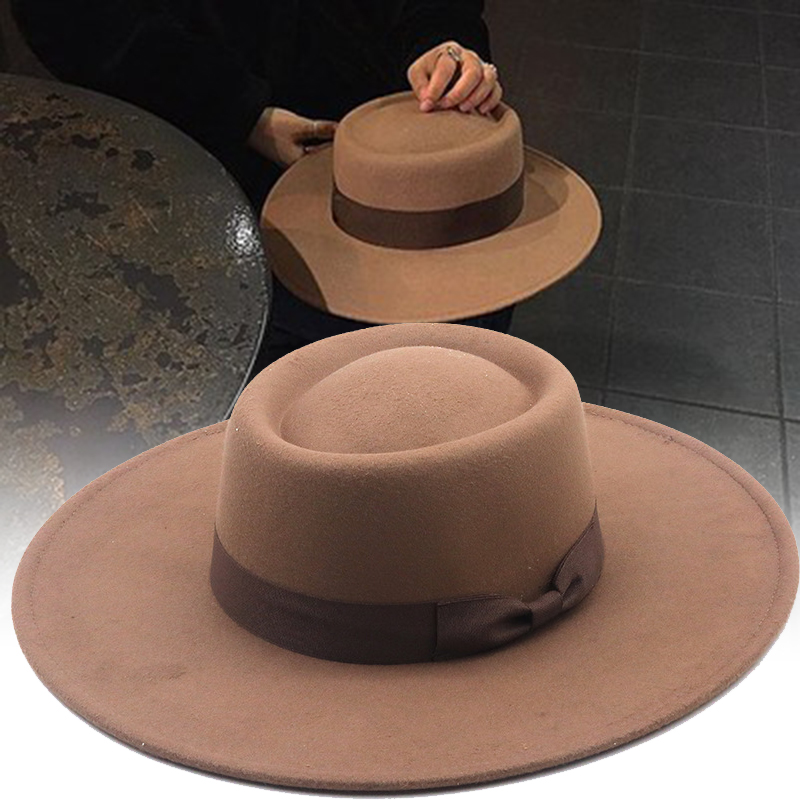 Vrouwen Herfst Winter Hoeden Solid Panama Brede Rand Boog-Knoop Vilten Hoeden Mannen Caps Formele Britse Vintage Klassieke Zwart fedora Hoeden