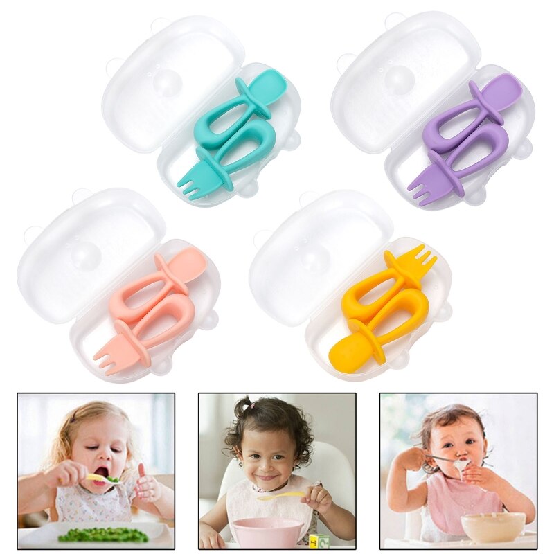 2 stuks/set babytraining korte steel siliconen vork lepel set baby servies  a2ub