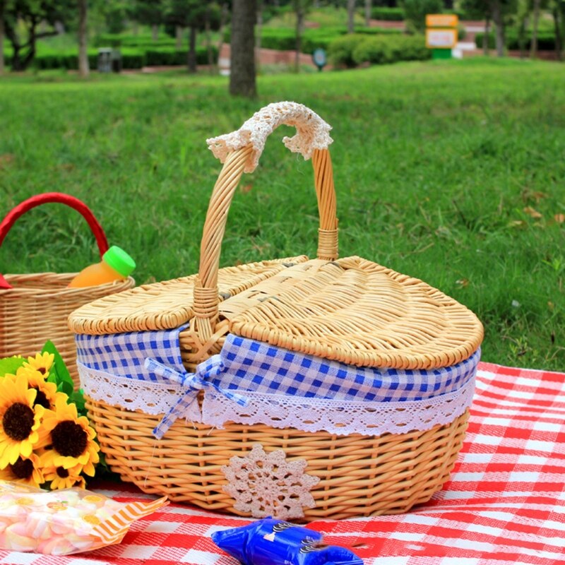 Rattan Outdoor Picnic Basket Country Style Wicker Hamper with Lid and Handle Liners Food Fruit Storage Carrying