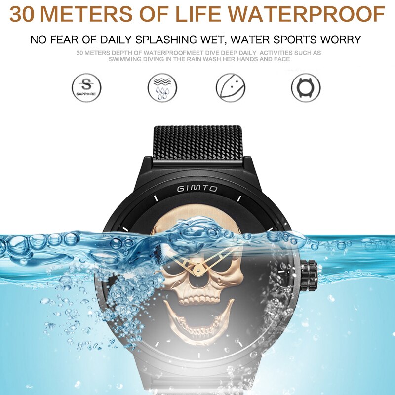 GIMTO-relojes casuales de acero inoxidable para hombre, reloj de pulsera masculino de cuarzo, con de calavera dorada, color negro