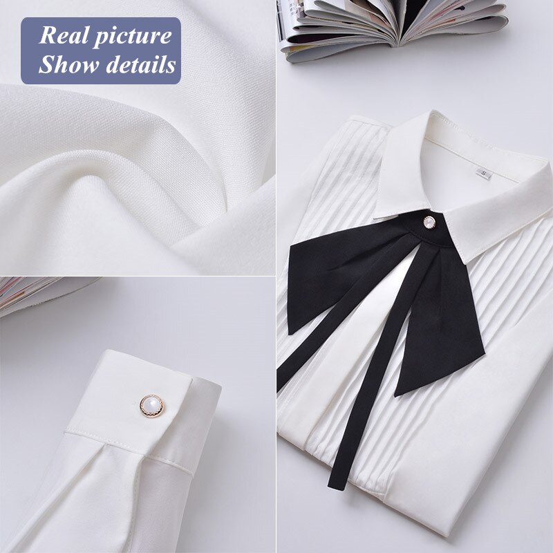 Camisa para mujer, blusa Formal de manga larga, ajustada, corbata moño de chifón, blusa blanca, ropa de trabajo de talla grande