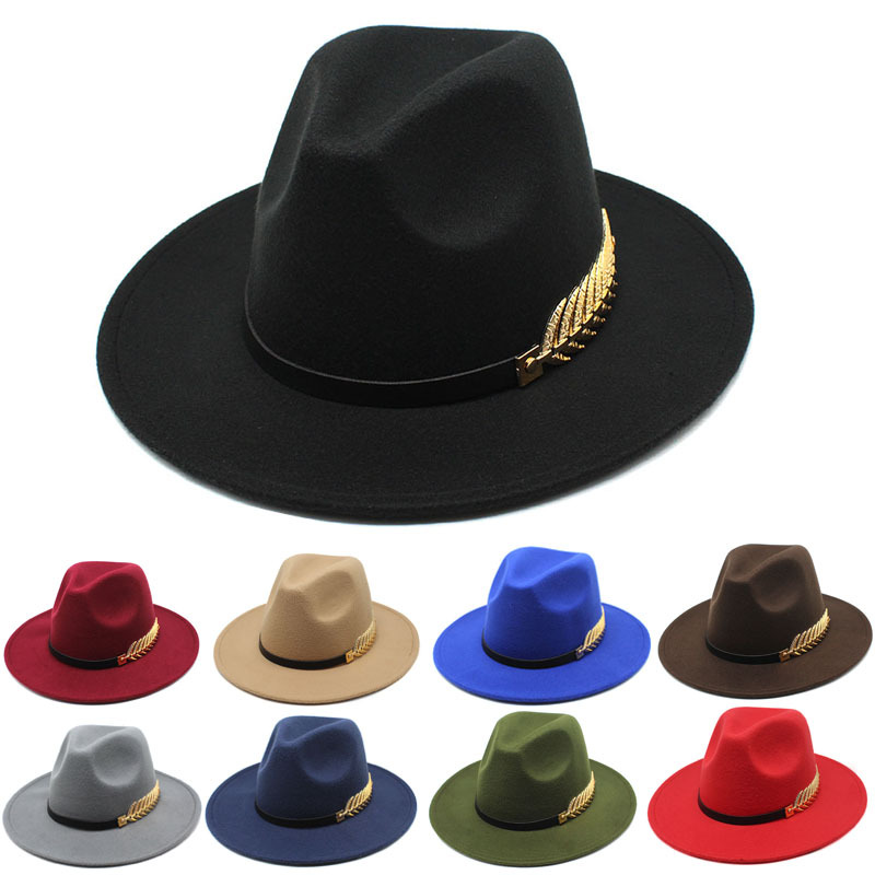 Chapeau en laine à large bord pour femme, chapeau avec chaîne de feuilles en métal, style Jazz, britannique, rétro, Fedora, à la , église, Panama, automne et hiver