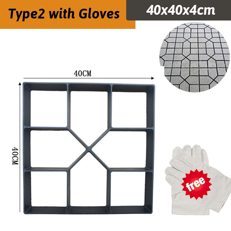 12Type DIY Garden Walk Pavement Mold Reusable Path Maker Concrete Molds Manually Paving Cement Brick Stone Road Concrete Molds: Type2 with Gloves
