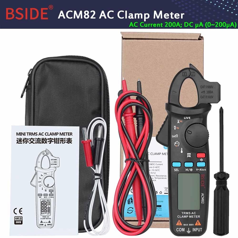 Pocket Digital Clamp Meter Multimeter BSIDE ACM91 DC AC Current 100A Accurate 1mA car repair Ammeter Temp Tester: ACM82-Black-AC