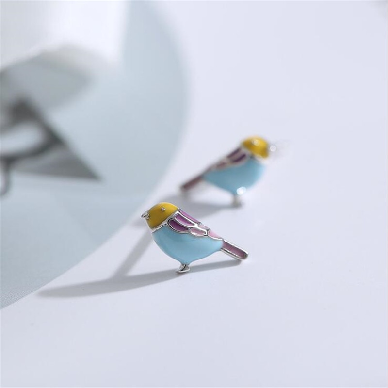 Colorful Epoxy Compact Bird 925 Sterling Silver Jewelry Temperament Cute Animal Exquisite Stud Earrings SE83