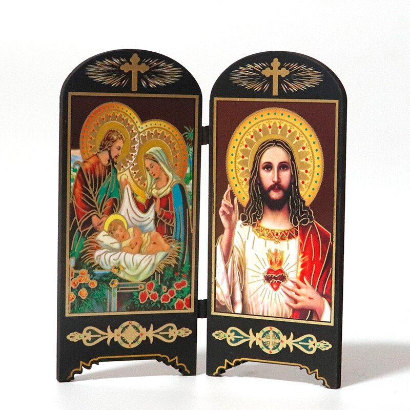 Articulos religiosos catolico religiøs figur ikon dobbeltskærm skrivebord dekoration jesus kristus hellige hjerte jomfru maria figurer: Lysegrå