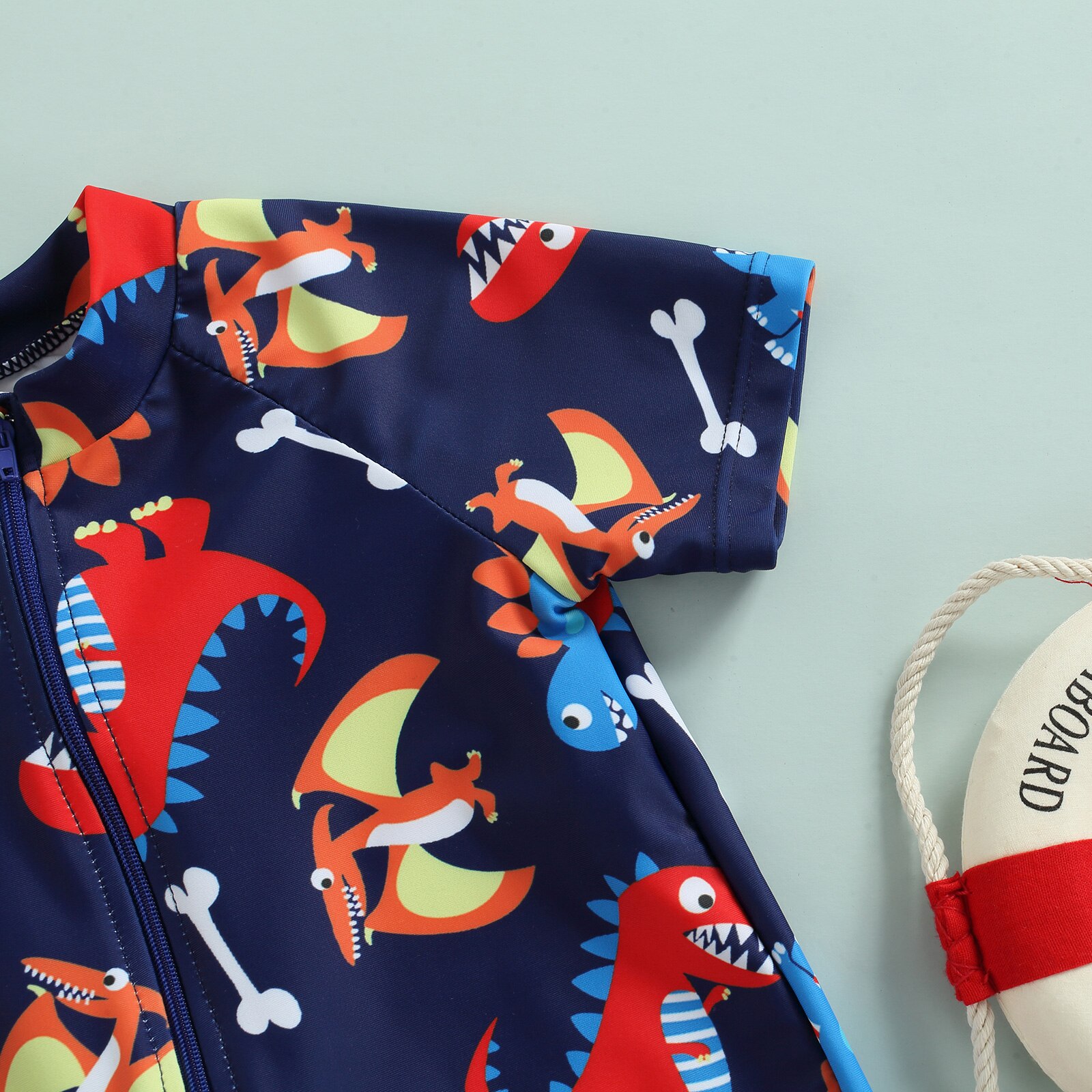 Pagliaccetto da nuoto per neonato, manica corta Stand collo cerniera cartone animato stampa dinosauro pantaloncini costume da bagno estivo da spiaggia 6M-5T