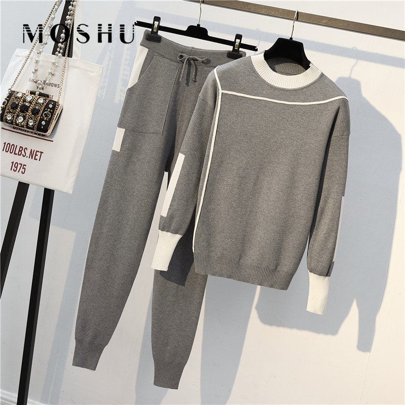 Winter 2 Stuks Set Vrouwen Trui Gebreide Truien Suits O-hals Lange Mouw Trainingspakken Vrouwelijke Streep Knit Jumper Tops & Broek