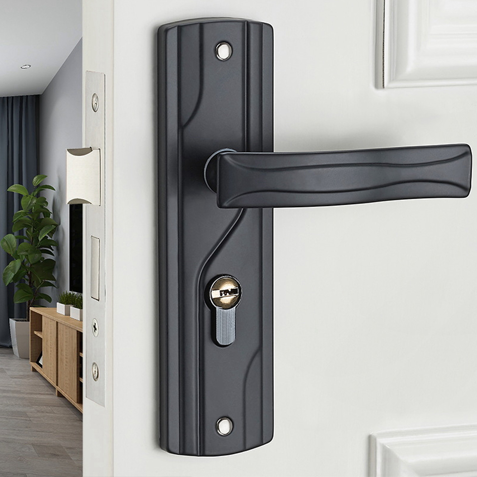 Door Handle Lock Keys Set Bedroom Door Lock Set Large Knob Black Smoothly Rotating Silent Bearing for Bathroom