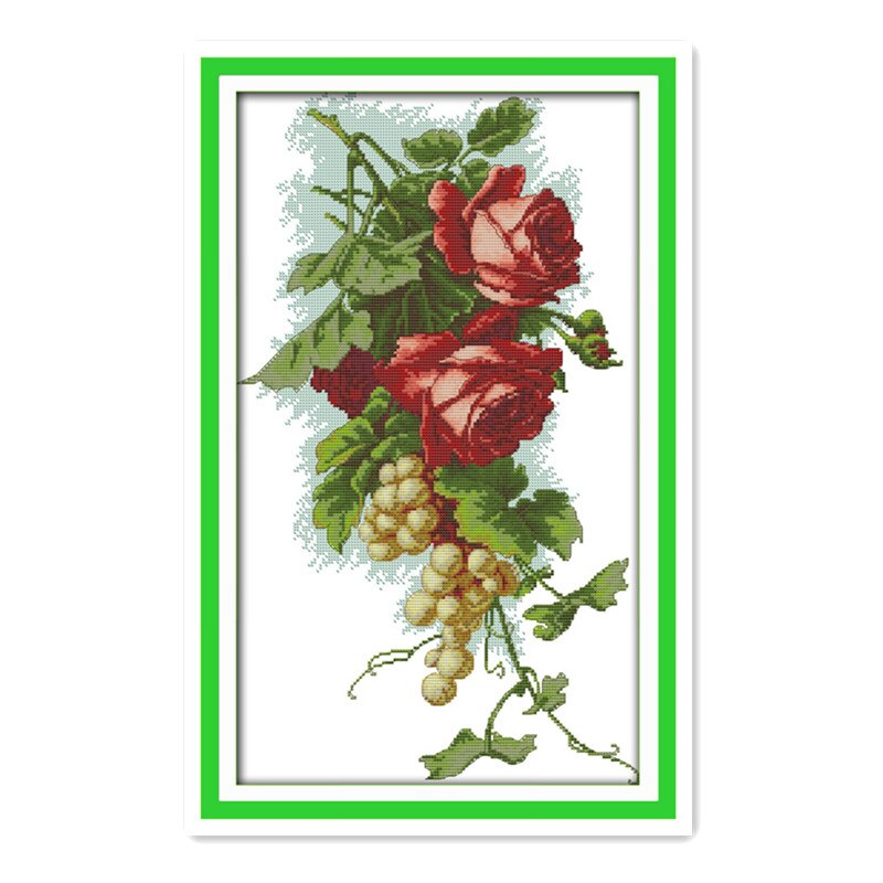 Vruchten Cherry Druiven Appels Kruissteek Borduren Rose Bloemen Op De Takken Leuk Uitziende Decoratieve Opknoping Schilderijen: J233 / 14CT Printed