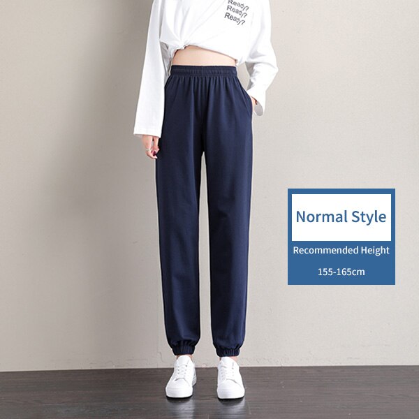 Pantalon de sport de style coréen pour femme, jogging taille haute, Streetwear, Harajuku, Baggy, Vintage: M / Navy Blue Normal