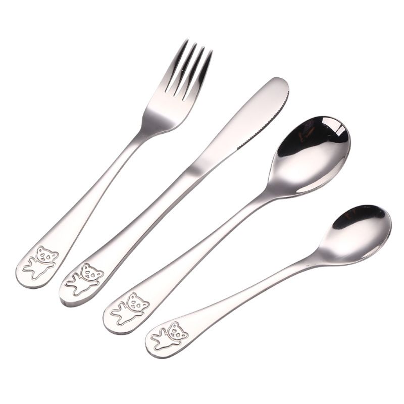 4 unids/set, utensilios tenedor cuchillo cucharadita cuchara alimentos alimentación de bebé de los niños de aprendizaje de los hábitos de alimentación de los niños cubiertos de acero inoxidable