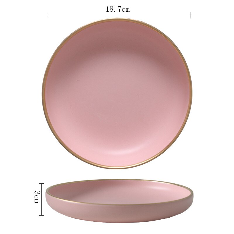 Massiv lyserød keramisk plade gylden kant maleri porcelæn skål plade ske servise sæt vestlig bøf bakke snack retter plade: 7.5 tommer lav plade