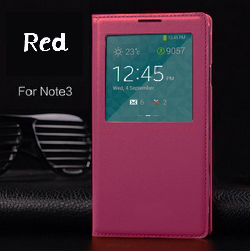 Flip Cover Leather Phone Case For Samsung Galaxy Note 3 Galaxi Not Note3 SM N900 N9000 N9005 S SM-N900 SM-N9005 Smart View Chip: Red