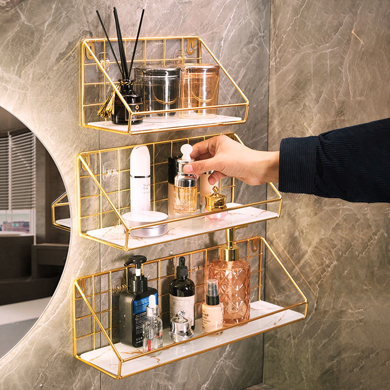 Gold Iron&amp;glass Wall Shelf Organizer Holder Kitchen Supplies Shef Storage Rack Hanging Storage Cabinet Organizer Bathroom Tools