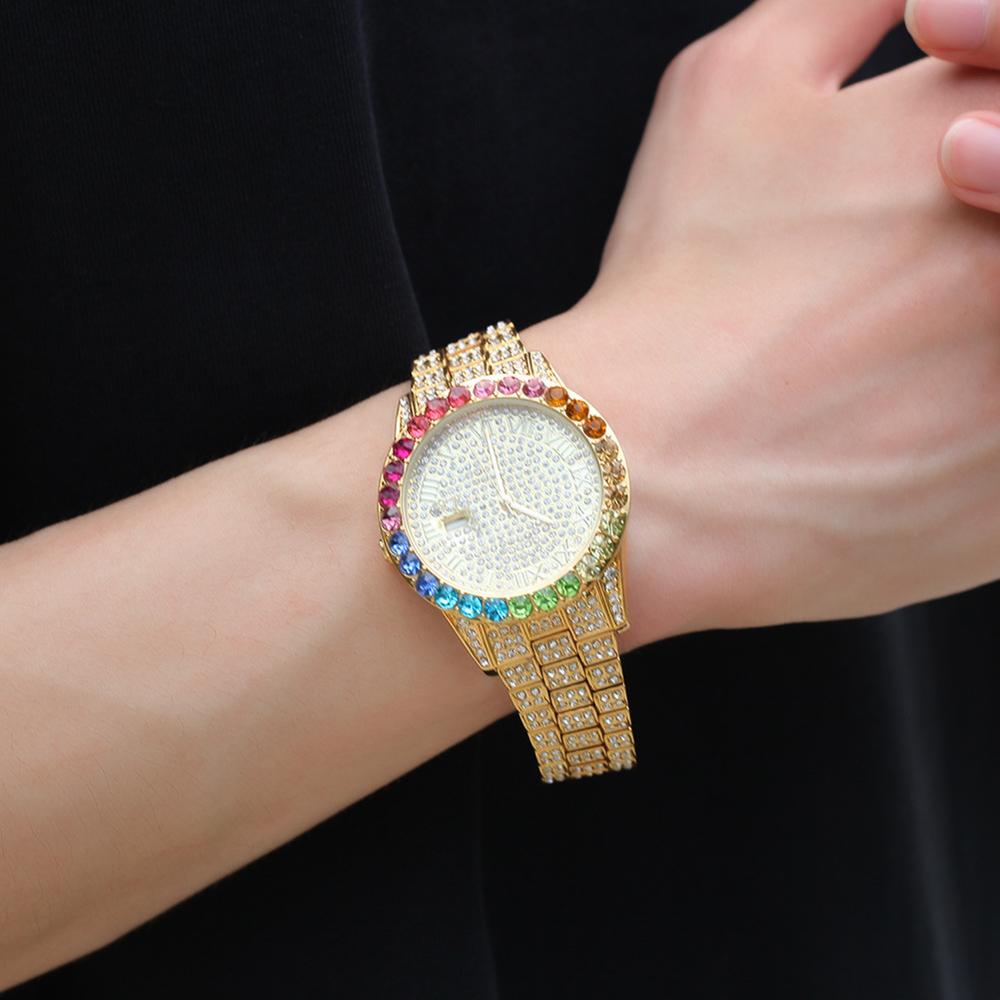 Inew Missfox Grote Rainbow Diamond Luxe Heren Horloges Top Luxe 18K Gold Mannen Horloge Luxe Iced Out quartz Wristwat