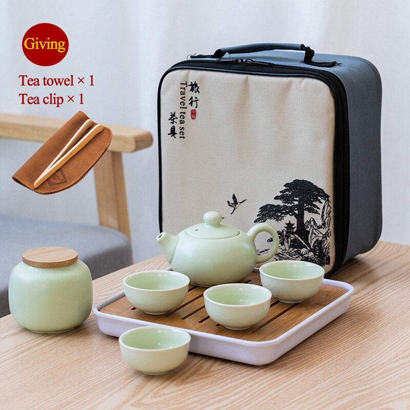 Portable Chinese Travel Kung Fu Tea Set Ceramic Teapot Porcelain Teaset Gaiwan Tea Cups of Tea Ceremony Tea Pot With Travel Bag: D-Green