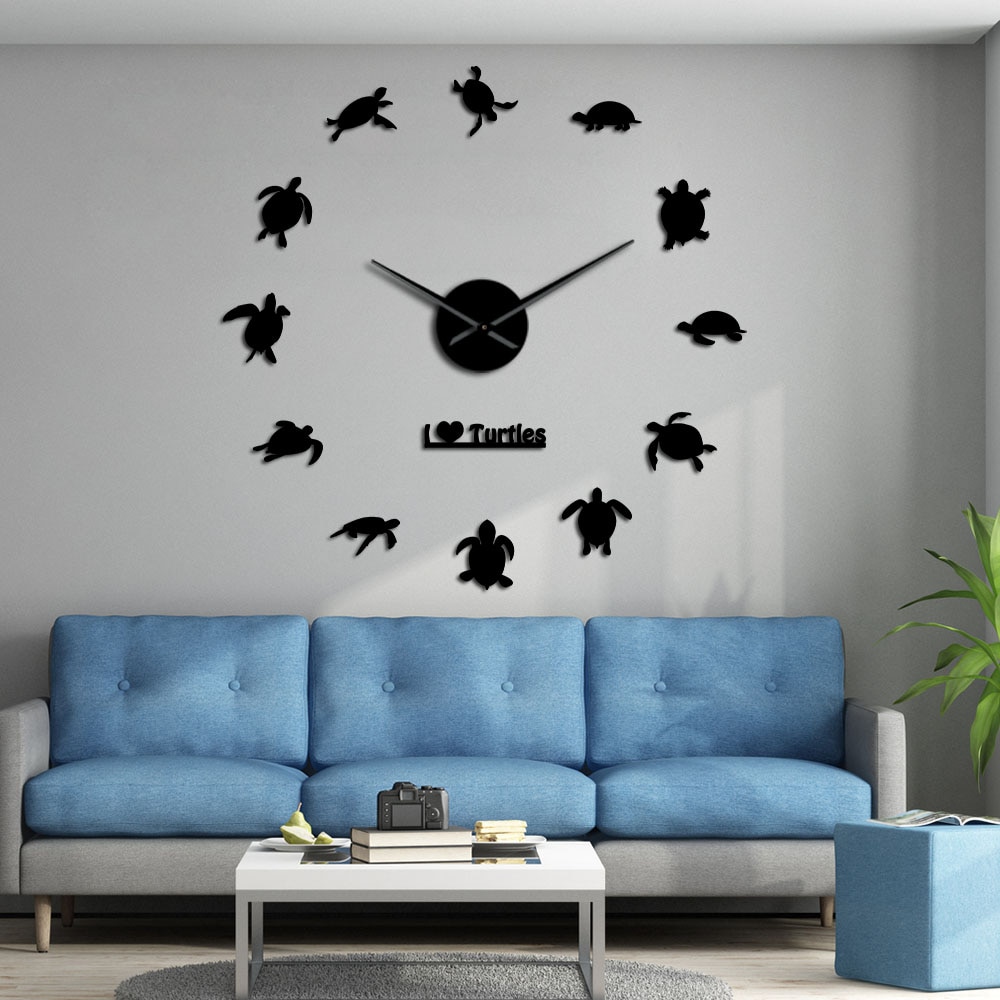 Frameless I Love Turtles Giant 3D DIY Wall Clock Sea Turtle Marine Animal Acrylic Simple DIY Big Time Clock Mirror Effect