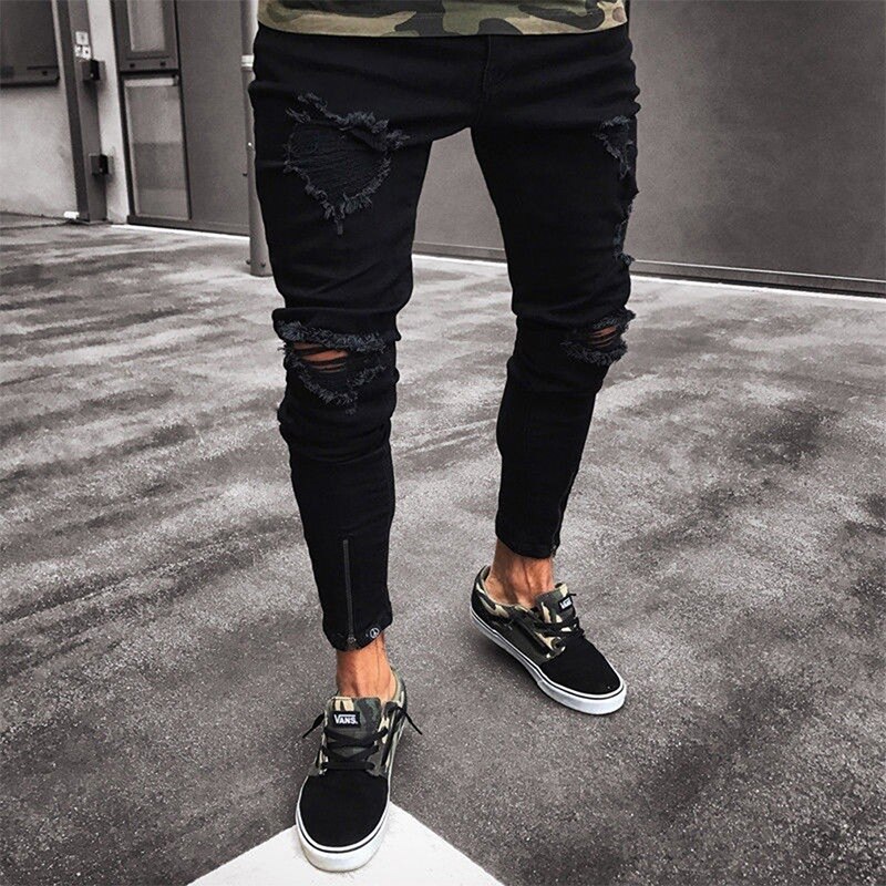 Pantalones vaqueros negros para hombre, Jeans ajustados rasgados y desgastados, elásticos, ajustados, de estilo Hop, con agujeros