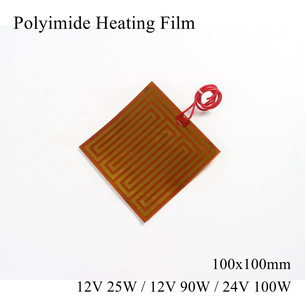 100 mmx 100mm 12v 25w 12v 90w 24v 100w pi varmefilmplade polyimid elektrisk opvarmet panelpudemåtte elektrotermisk fleksibel varmelegeme