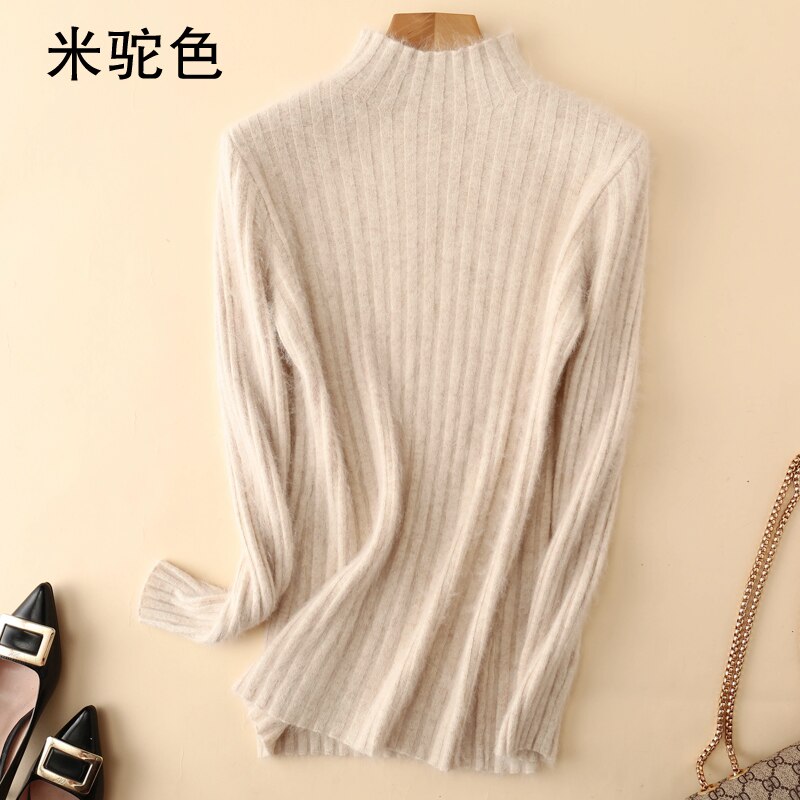 Varm 100%  mink kashmir sweater strikkede pullovere til kvinder vinter høj elasticitet bløde toppe høj krave afslappet basisk dameskjorte: Xl / Beige