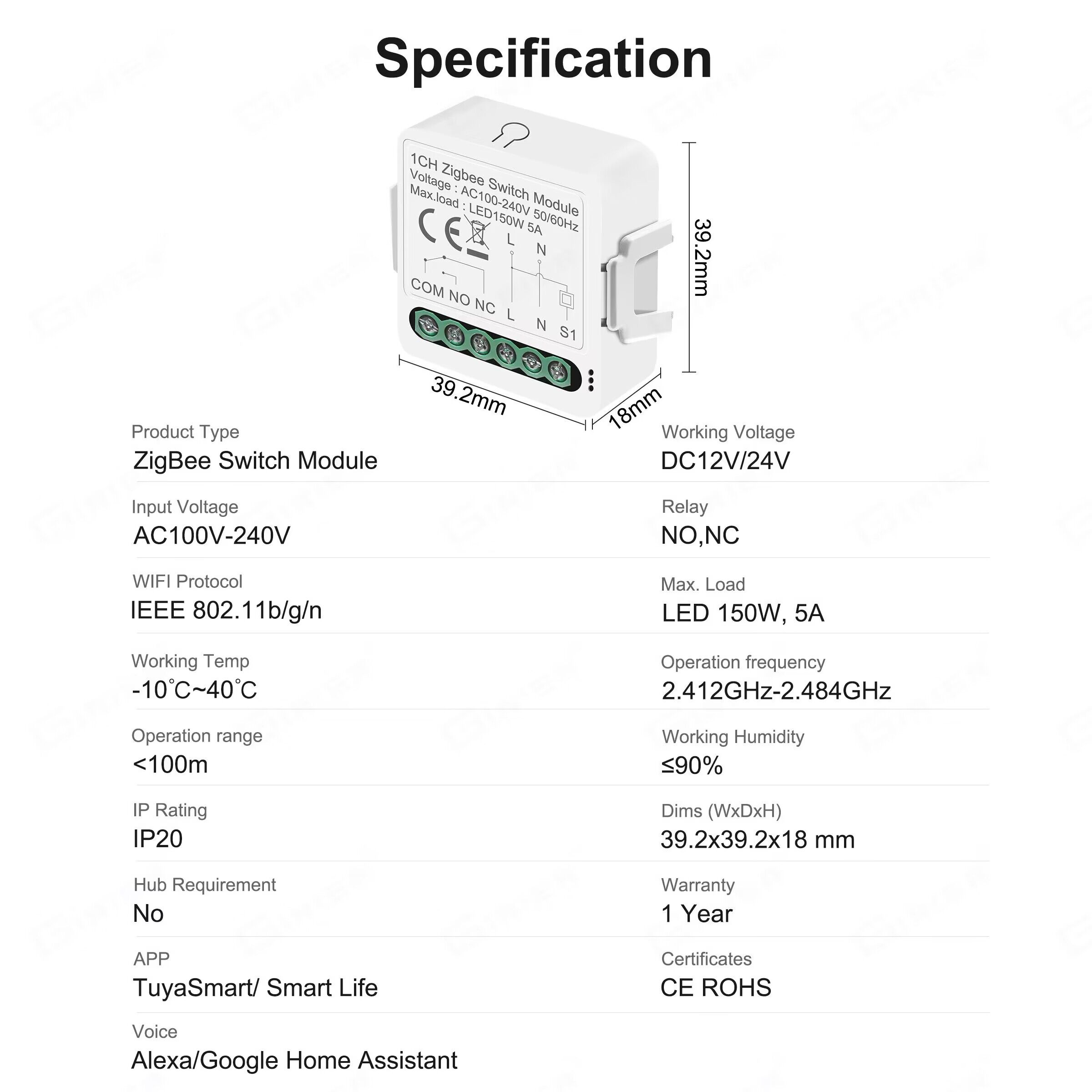GIRIER Tuya Smart ZigBee Switch Modulo 5A Contatto a secco Interruttore universale Relè DC 12/24V AC 100-240V Funziona con Google Home Alexa
