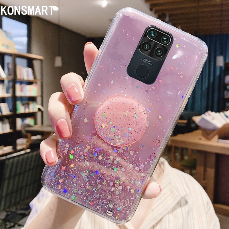 KONSMART For Xiaomi Redmi Note 9 Case Glitter Star Clear Silicone Soft 6.53" Back Cover Redmi Note 9 Phone Case With Holder Capa: Pink