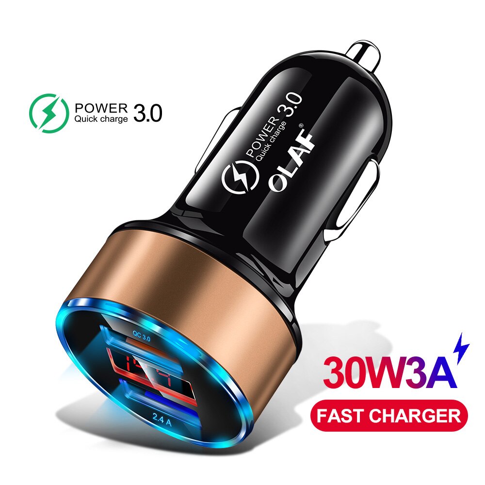 Olaf qc 3.0 usb carregador de carro para samsung a50 s9 carga rápida 3.0 30w 3a carga rápida carregador de carro 2 porta usb carregadores do telefone móvel: Gold Car Charger