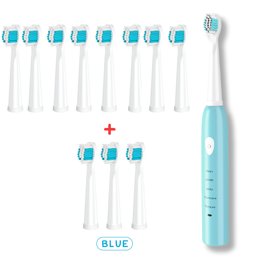 Brosse à dents électrique sonique puissante Ultra sonique USB Charge brosses à dents rechargeables brosse à dents de blanchiment électronique lavable: Blue-brushhead-12