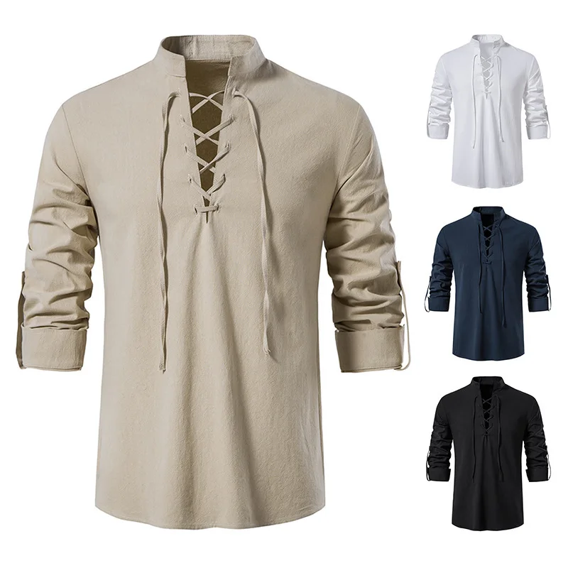 Novos Homens Decote Em V Camisa T-Shirt Moda Vintage Fino Top Manga Longa Homens Casual Respirável Viking Frente Lace Up Ho