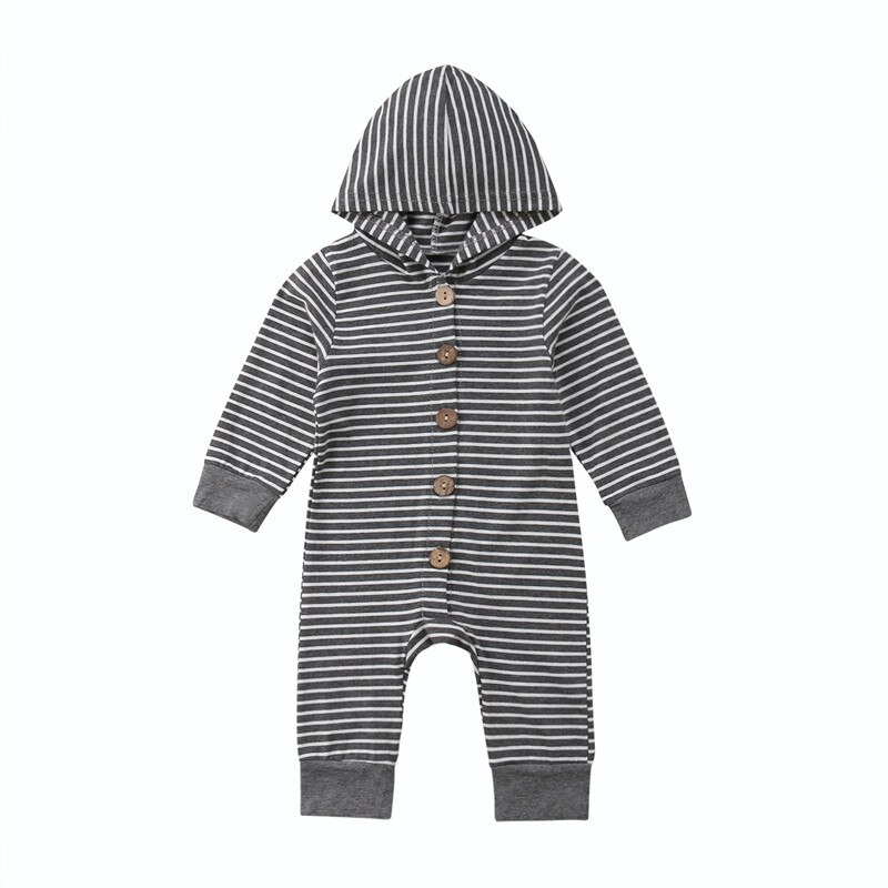 0-24M Lente Autumnbaby Romper Kids Jongens Meisjes Infant Hooded Solid Rompertjes Jumpsuit Lange Mouwen Kleding Outfits: Striped Grey / 18m