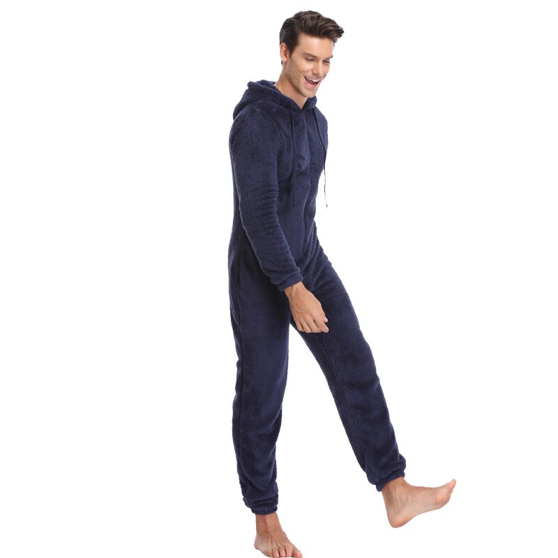 Men Plush Teddy Fleece Pajamas Winter Warm Pyjamas Overall Suits Plus Size Sleepwear Kigurumi Hooded Pajama Sets For Adult Men: Navy Blue / S