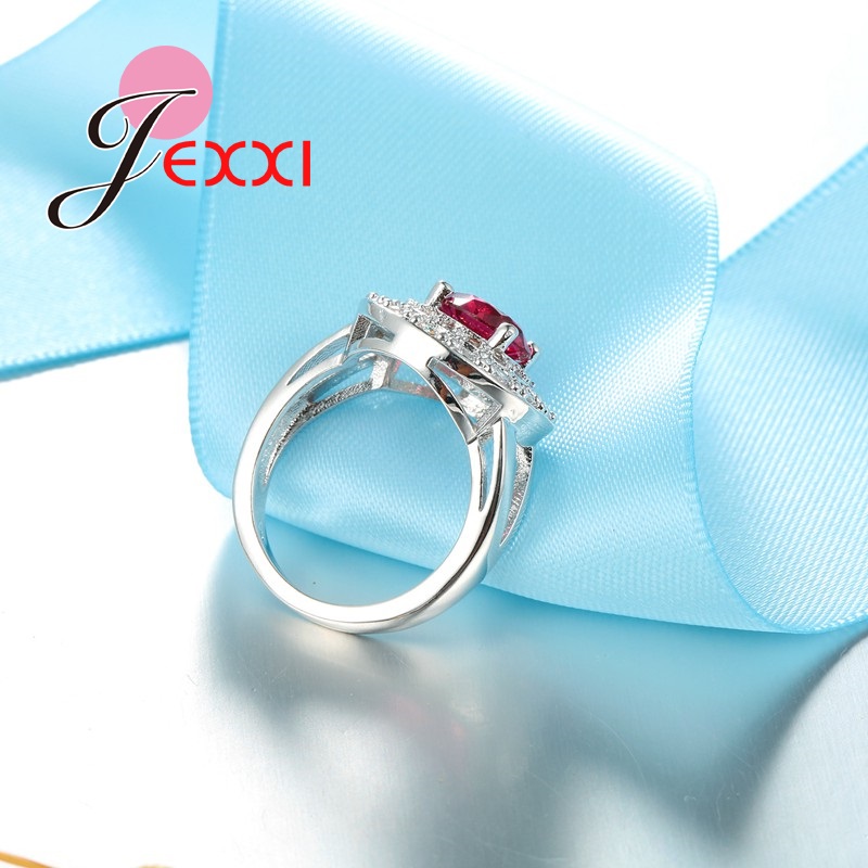 3PCS Schmuck-Set Echt 925 Sterling Silber mit Rot Cubic Zirkon Kristall Halskette/Ohrringe/Ring Hochzeit Engagement schmuck