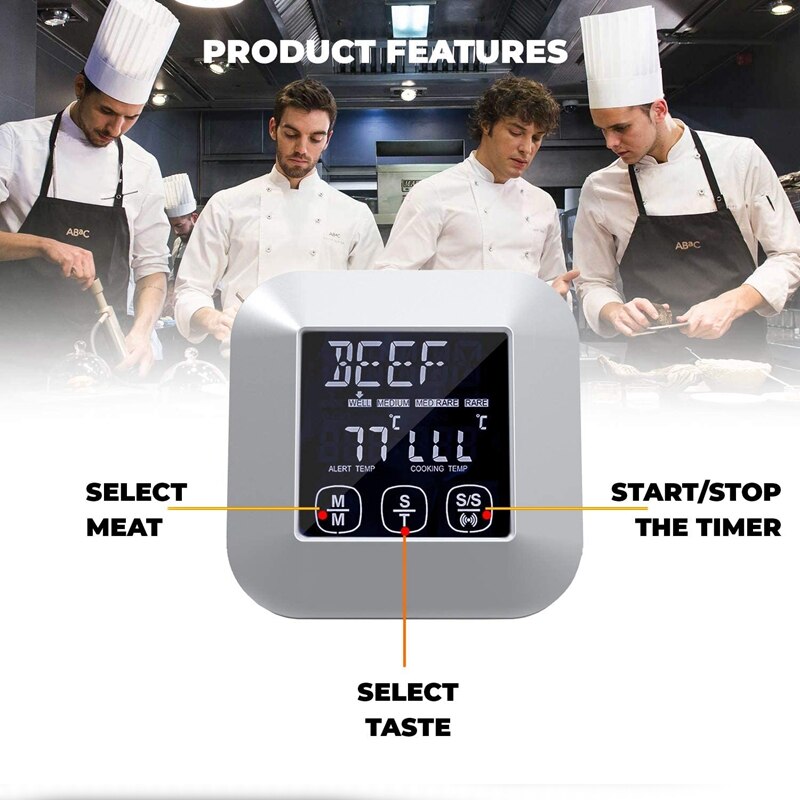 Digital Press Screen Cooking Thermometer Suitable for Meat and Poultry Wired Probe, Used for Frying Pan Oven Grilling