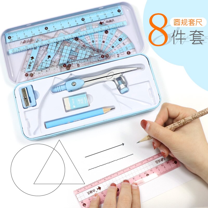 8pcs/set Compasses Ruler Stationery Set Math Geometry Protractor Drawing Tools Students School Supplies Math Ruler Students
