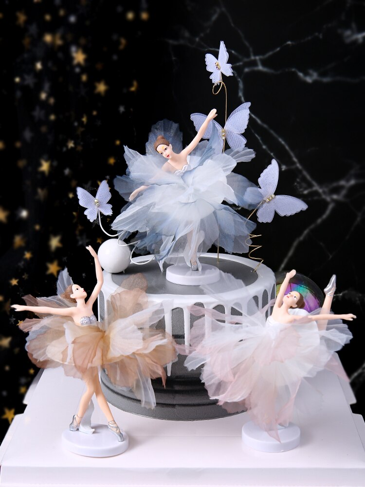 White Pink Ballet Girls Decoration Hook Flower Happy Birthday Cake Topper Wedding Bride for Party Supplies Baking Love