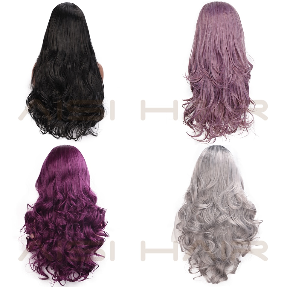 Peluca de pelo negro largo ondulado AISI, pelucas sintéticas de encaje frontal para mujeres negras, Peluca de fibra resistente al calor de parte Natural