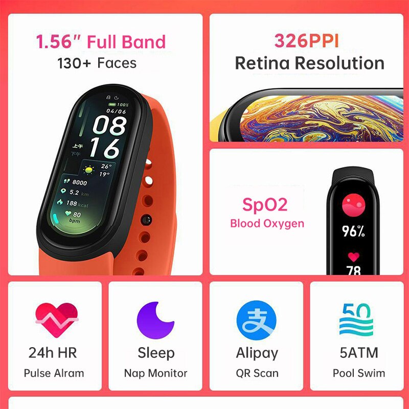 Xiaomi Mi Band 6 NFC inteligentna bransoletka 1.56 &quot;ekran AMOLED 5 kolorów tlen krwi tętno Fitness Tracker wodoodporny Miband6