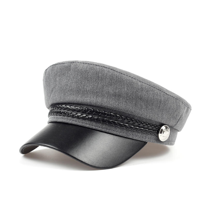 2019 chapeaux pour femmes, printemps, 100%  chapeaux en coton bleu marine, cuir noir, couronne fixe, boucle argentée, chapeau chaud d'hiver, bérets, casquette: Gris