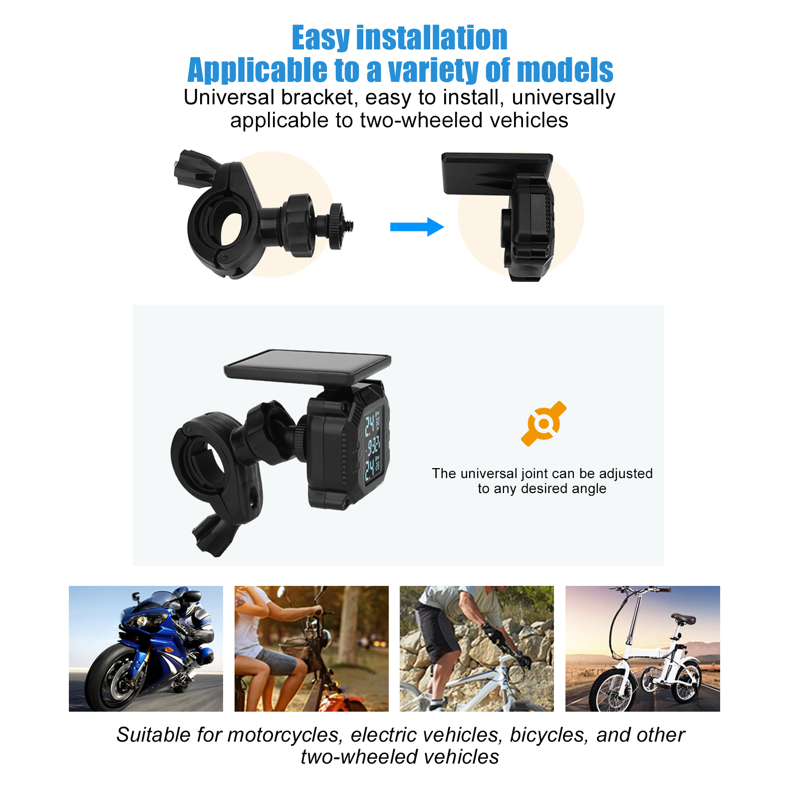 Wireless Motorcycle Tire Pressure Temperature Monitor System Solar Powered LCD Screen IP67 Waterproof Tire Temperature Sensor