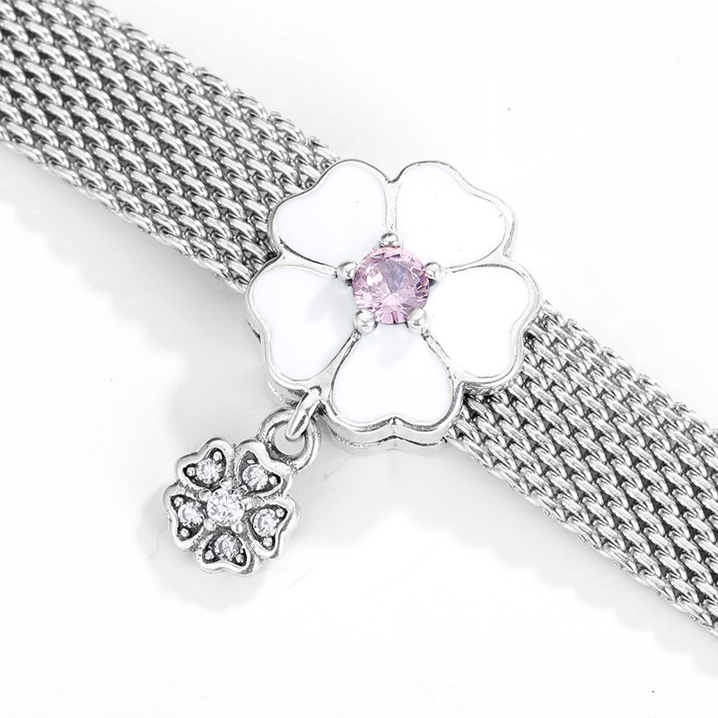 Echt 925 Sterling Zilveren Bloem Bloei Clips Kralen Wit Emaille Clear Cz Charm Fit Originele Reflectie Armband Vrouwen Sieraden