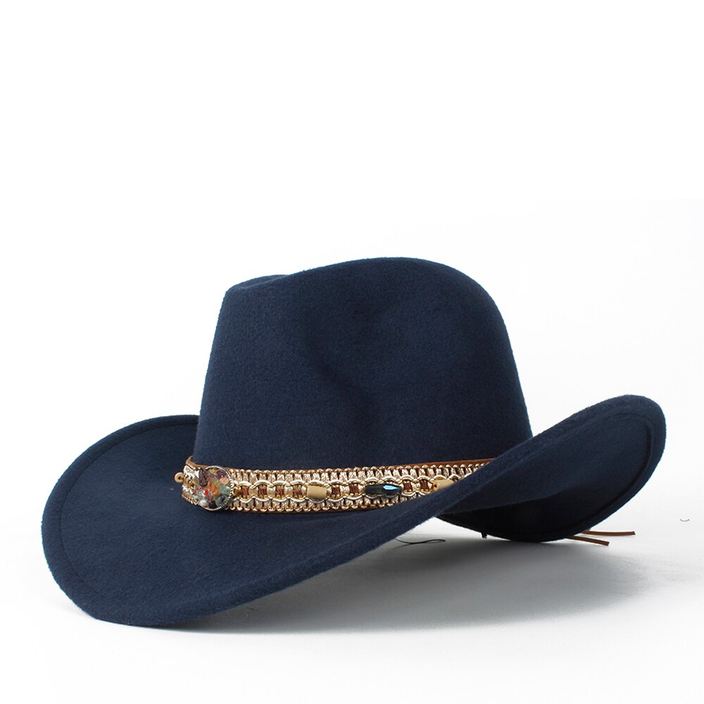 Sombrero de lana ahuecado para hombres y mujeres, Sombrero de cowboy del Oeste, ala enrollable para mujer, Sombrero negro para Hombre, gorra de Jazz, talla 56-58: Dark Blue