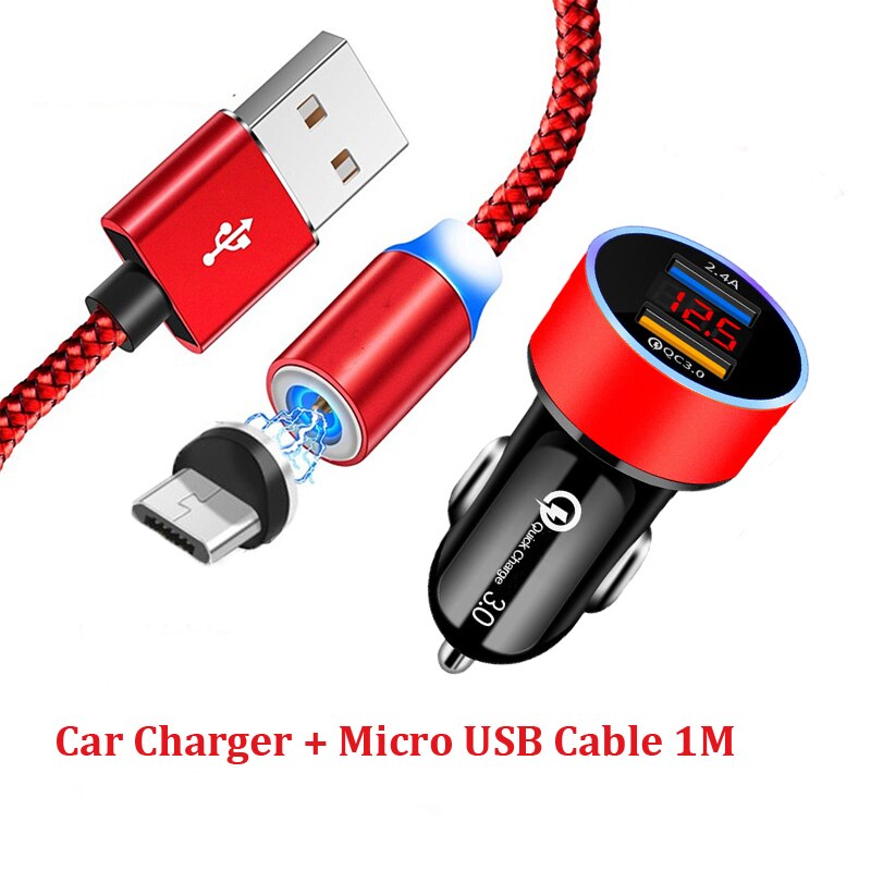 Dual USB Quick Charge 3.0 Car Charger Magnetic Micro USB Cable For Huawei Honor 8X 8S 8A 8C 7X 7S 7A 7C 6X 5X 6C Phone Charger: A Set of Red