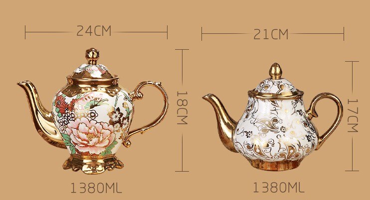 European Style Vintage Gold 1380mL Ceramic Coffee Pot Set Large Capacity Teapot Luxury Milk Pot English Flower Tea Set